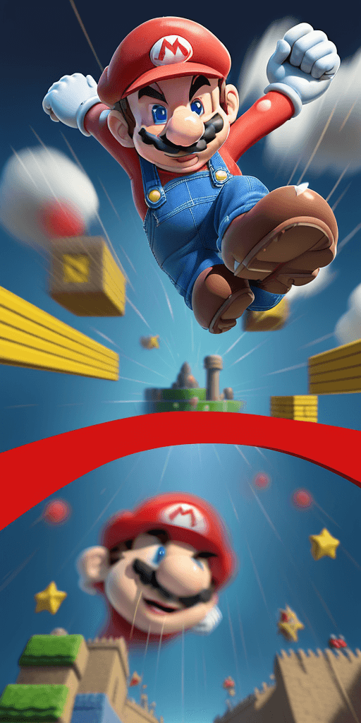 AI generated: ("Craft a dynamic 4D artwork that brings Super Mario to life in an exhilarating sprint towards the v...