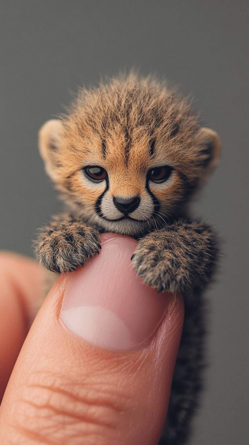 AI generated: Photorealistic macro shot of a miniature newborn Cheetah perched on a human thumb. The extreme close...