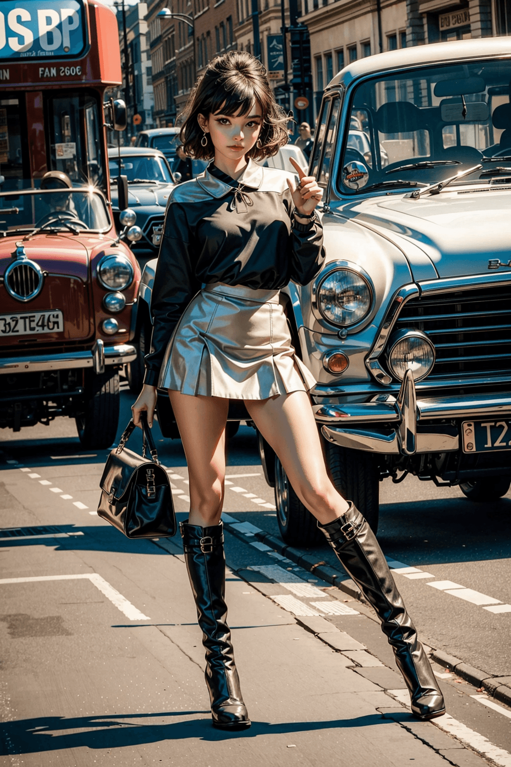 AI generated: dynamic angle, dynamic shot,perfect face, absolutely beautiful young woman, 1960's, London, gogo boo...