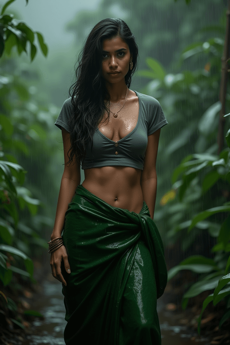 AI generated: A sultry c cup size Indian model, with deep cleavage, and wet, raindrops on her body, stands precari...