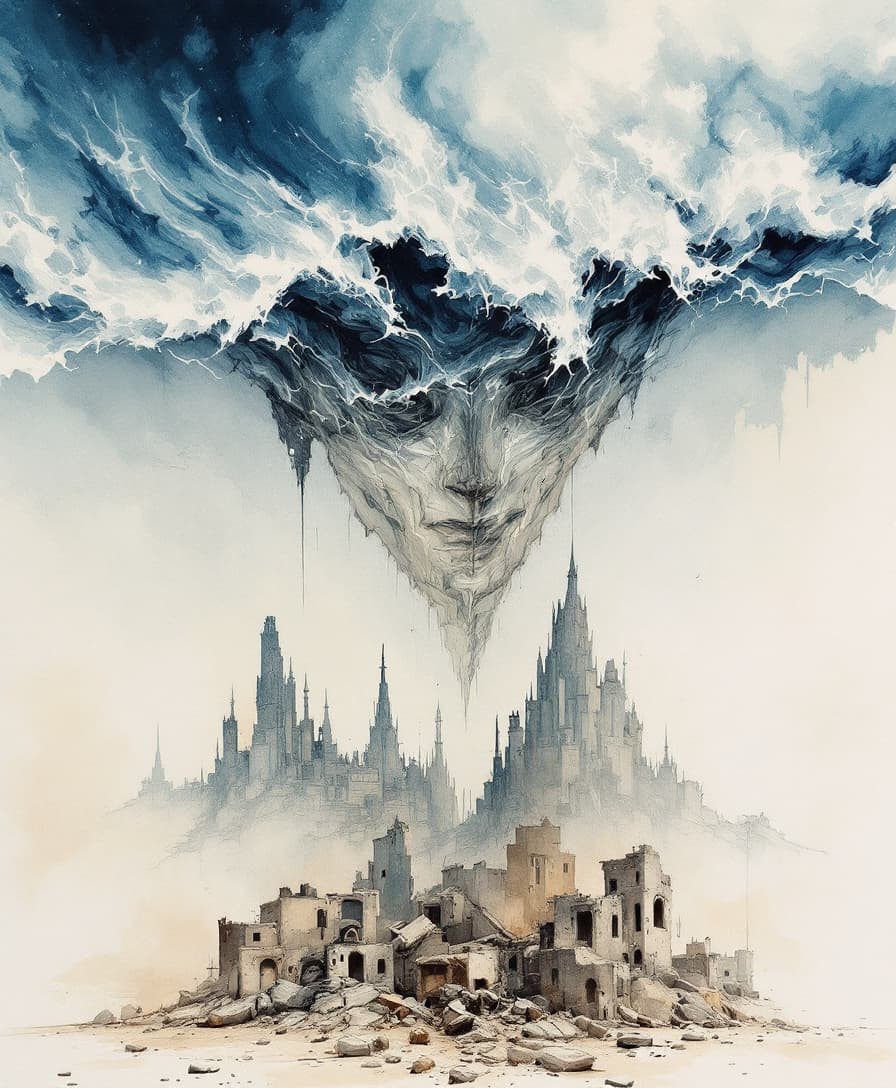 AI generated: surreal epic abstract double exposure fantasy rough hand-painted sketch featuring in the top half of...