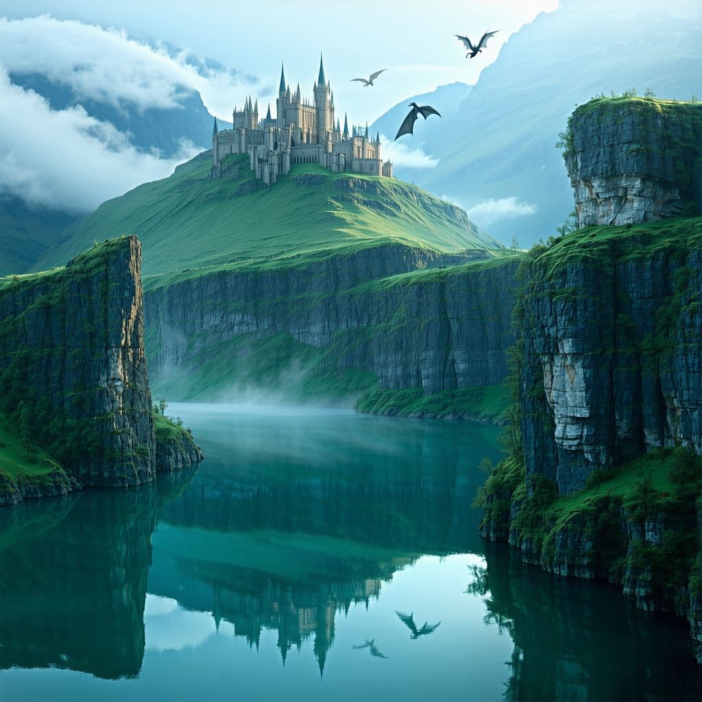 AI generated: A majestic mountain canyon stretches between towering rock cliffs, covered in moss and ancient vines...