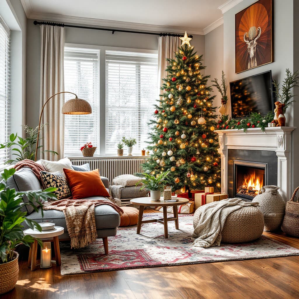 AI generated: Modern Mid Century Living Room With Christmas Tree And Decorations 