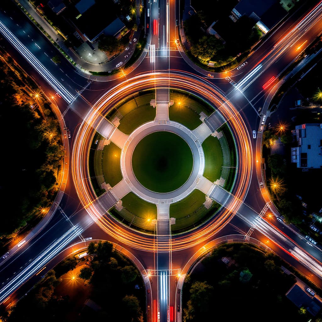 AI generated: 21.	“Aerial perspective of a roundabout with flowing traffic captured in long exposure, light trails...