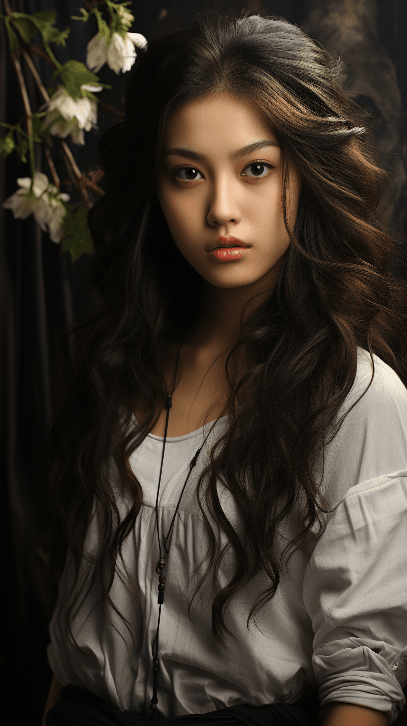 AI generated: a beautiful girl with brown hair and long black hair, in the style of unreal engine 5, japanese phot...
