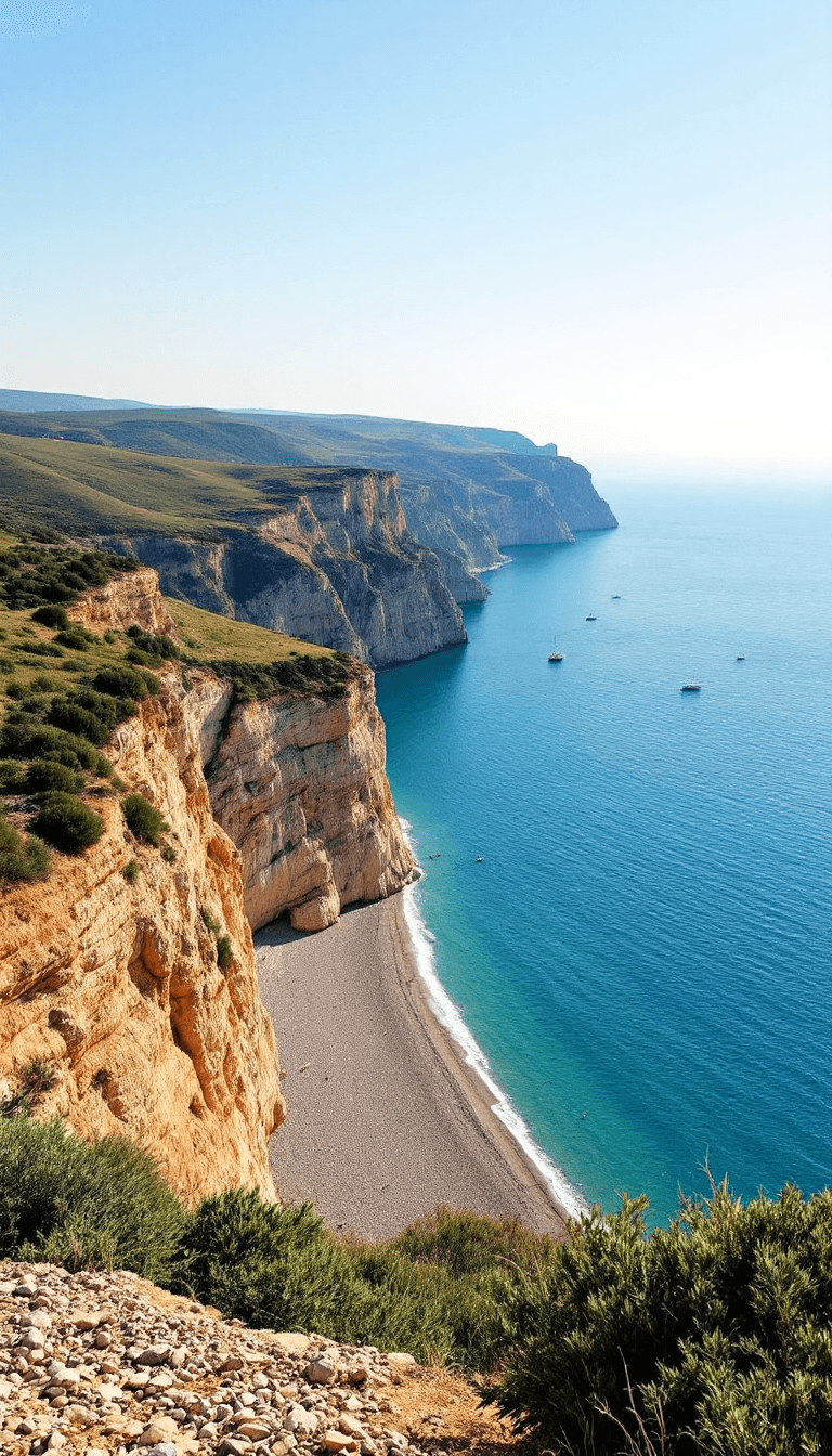 AI generated: A scenic view of the Crimean seaside: rolling hills with patches of green vegetation descending towa...