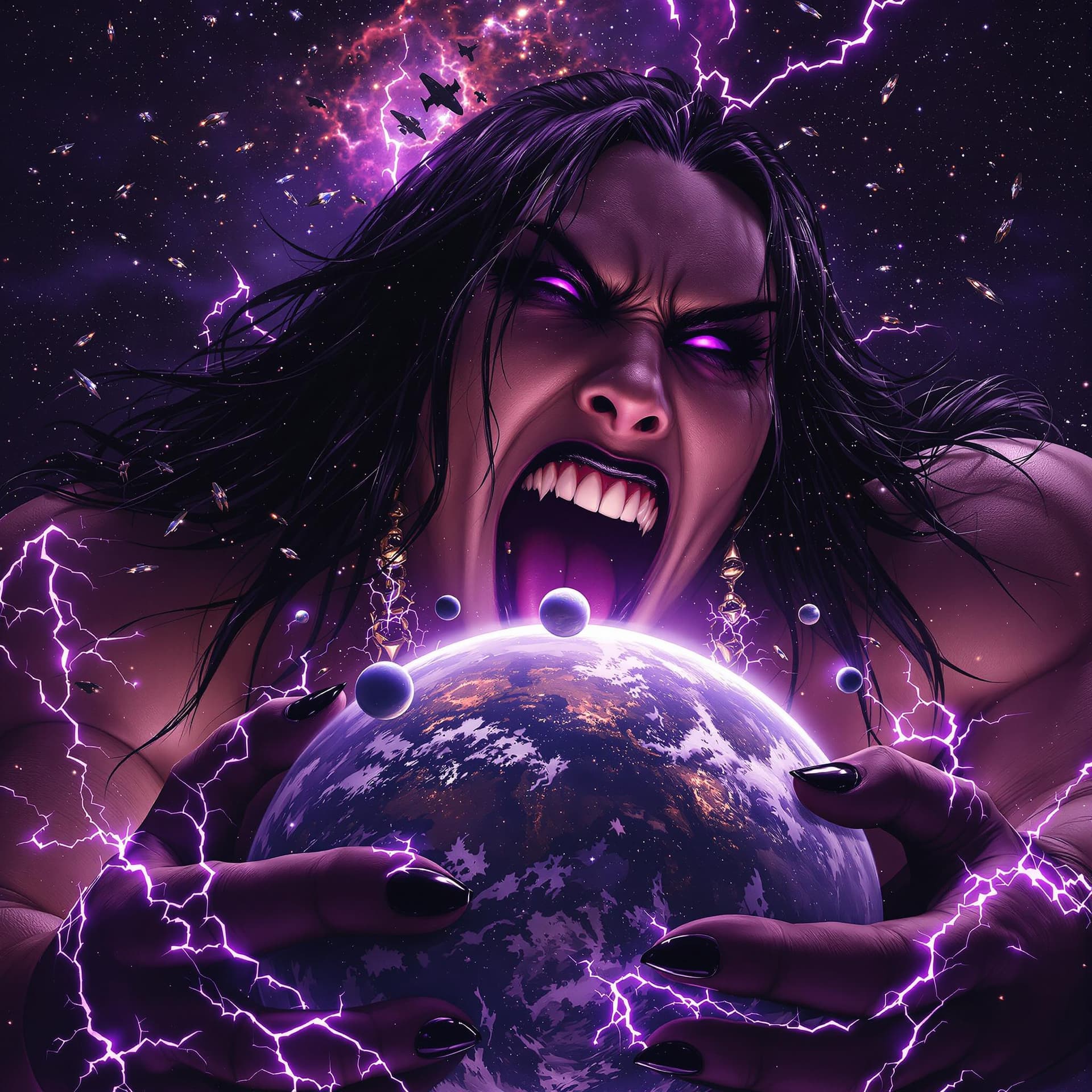 AI generated: enormous giantess Rhea Ripley  from WWE
bigger than a galaxy floating in space, minuscule planets in...