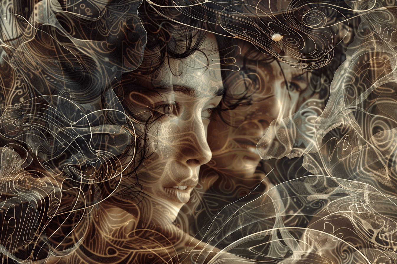AI generated: A surreal digital collage of a woman an men, their faces illuminated by soft light and surrounded by...