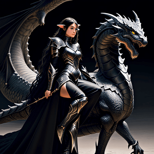 AI generated: girl in black elven armor, dark background, soft glow, hyper-realism, flowing hair, detailed face, b...