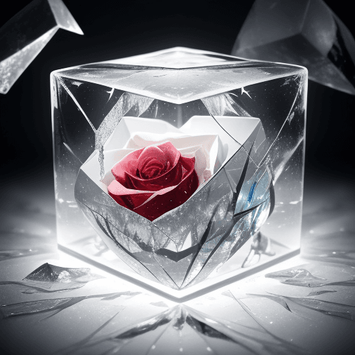 AI generated: close-up photo of a beautiful white ily breaking through a cube made of ice , splintered cracked ice...