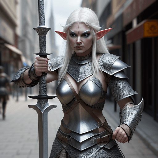 AI generated: Elf, warrior woman in chainmail armour weilding a flaming sword. She is a fierce warrior on the batt...