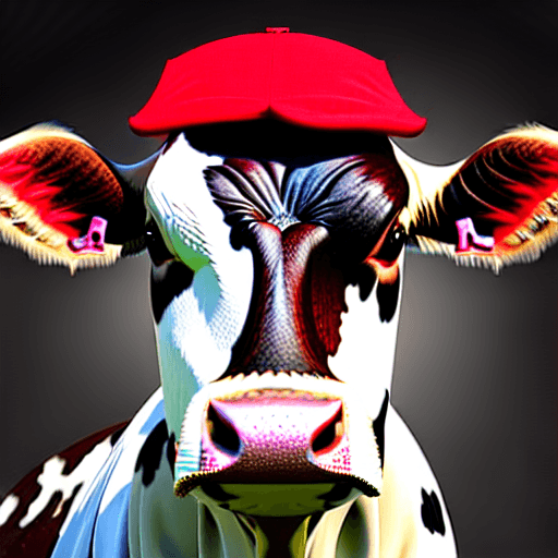 AI generated: portrait of a cow dressed as a white cap and a red t-shirt, hyper-realistic, ultra-detailed, high en...
