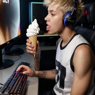 AI generated video: Boy eat ice cream while playing video games 