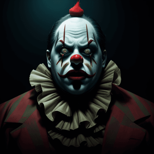 AI generated:  Nightmare version of a circus, creepy clowns, bad grine, dynamic light, shiny, high detailed cinema...