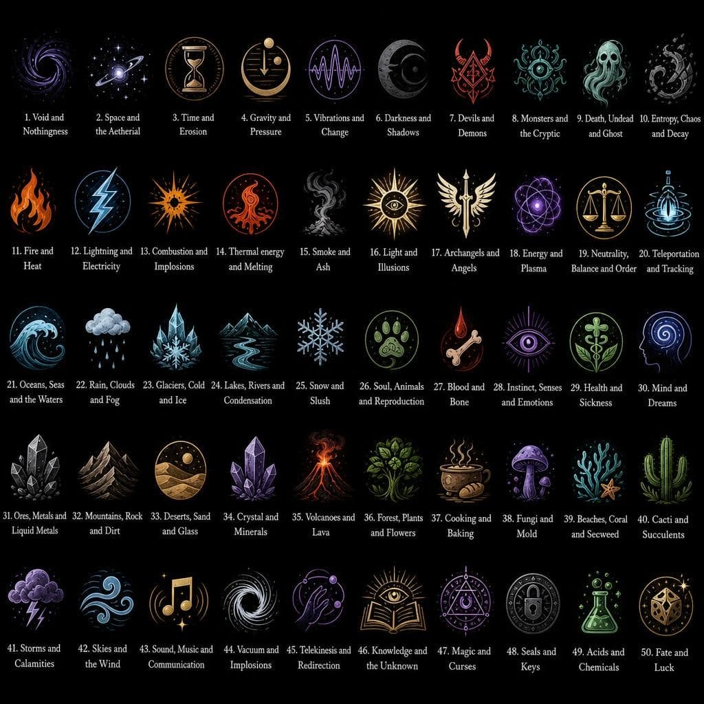 AI generated: create little symbols for all 50 of these elements - 
Void and Nothingness
Space and the Aetherial
T...