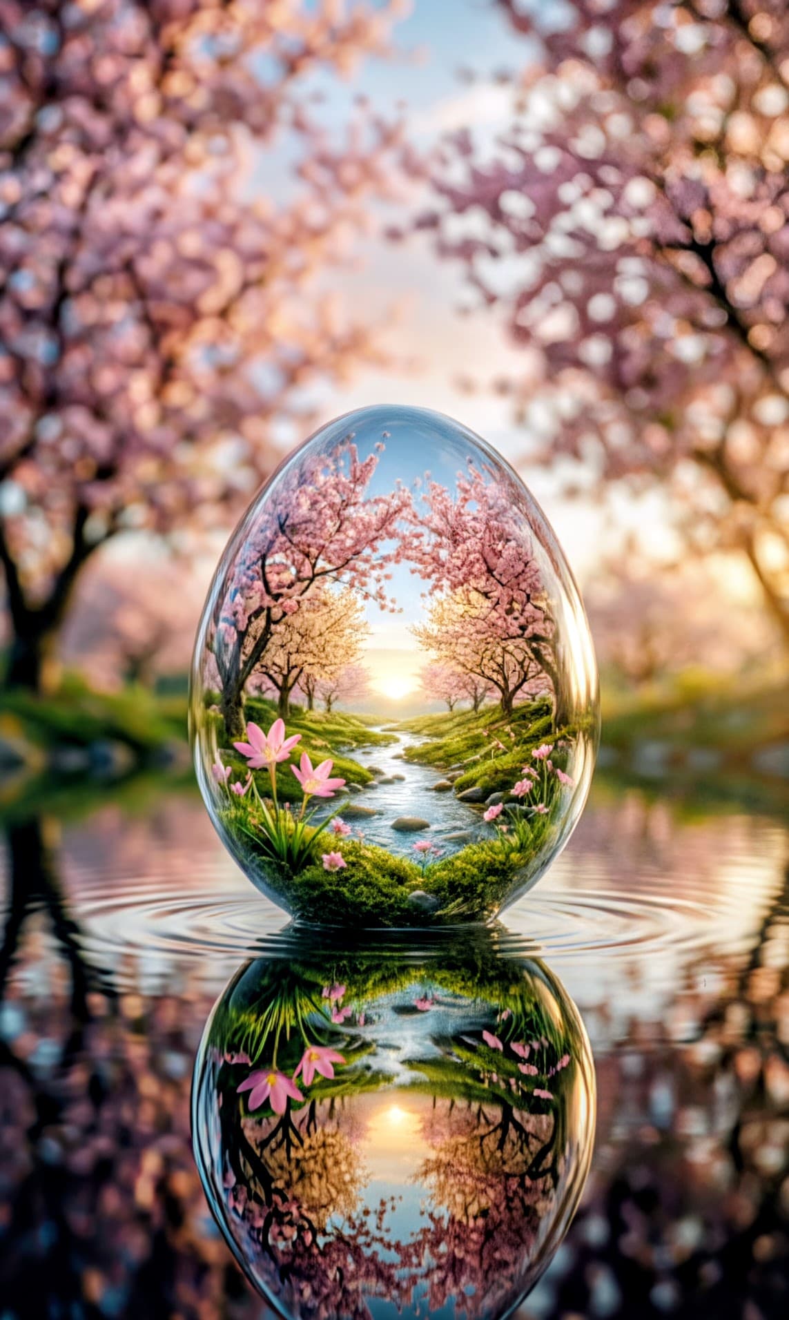 AI generated: "A high-definition, surreal photograph of a perfectly formed, large glass crystal egg standing uprig...