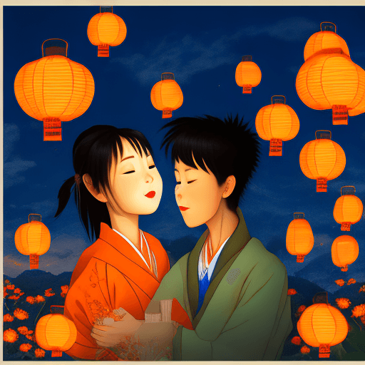 AI generated: Deep blue sky, orange, Kongming lanterns flying in the sky, late at night girl and boy in love ,flow...