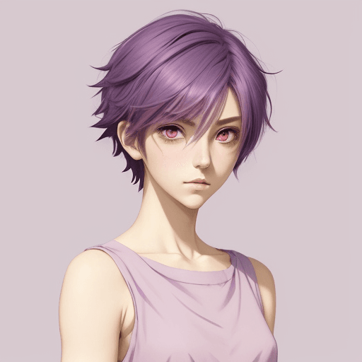 AI generated: A rpg anime protagonist, purple short hair and pink eyes, in the style of Felice Casorati, a muted p...