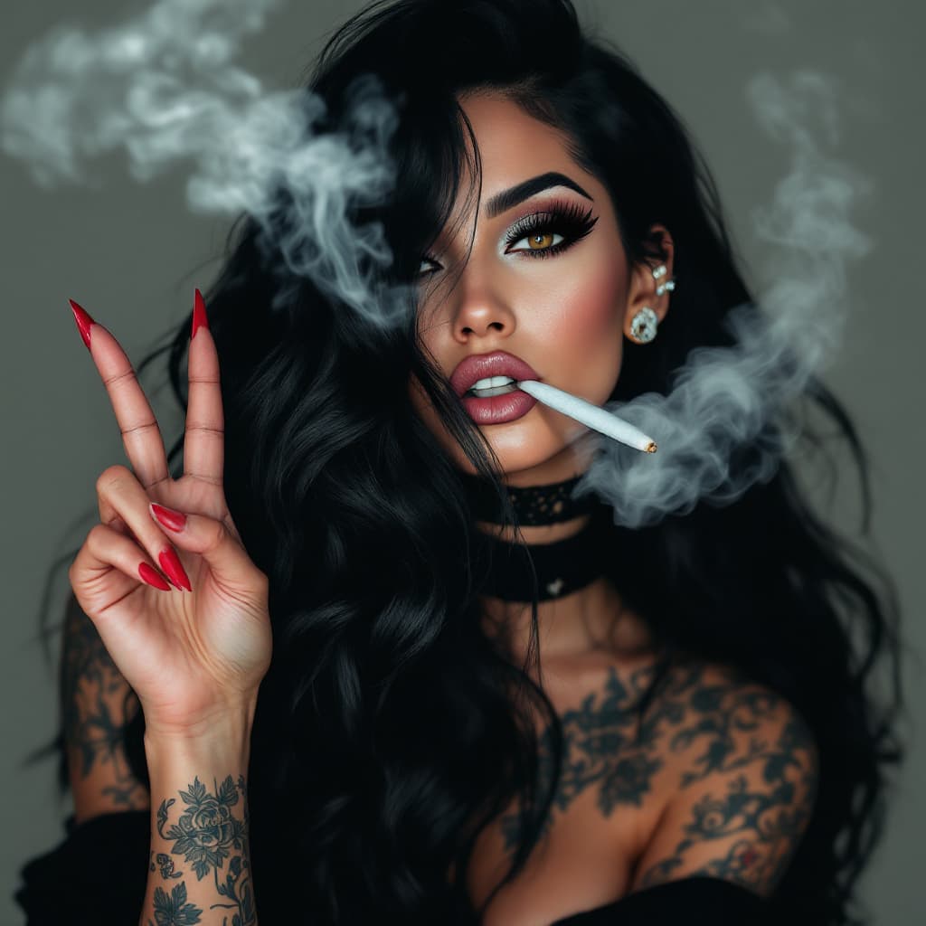 AI generated: High resolution tatted baddie makeup beautiful eyeliner long eyelashes  hazel eyes long black hair f...