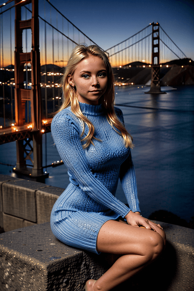 AI generated: A blonde woman in a blue knit dress poses outdoors at twilight, seated on a stone surface with her r...
