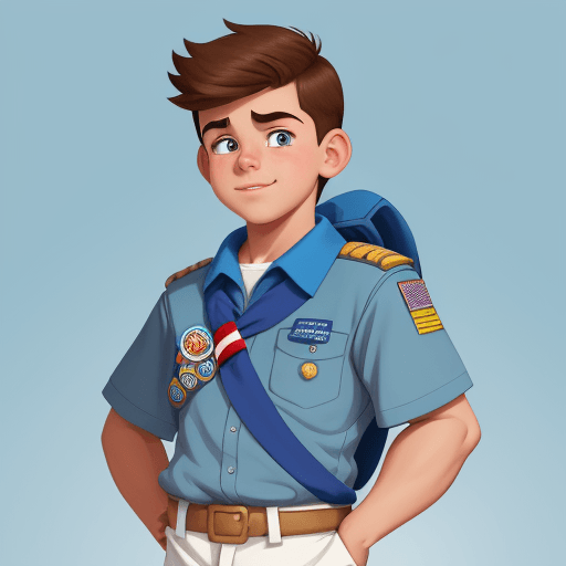 AI generated: a young boy scout, muscular, close up, with a blue gradient background, Disney style, cartoony, 