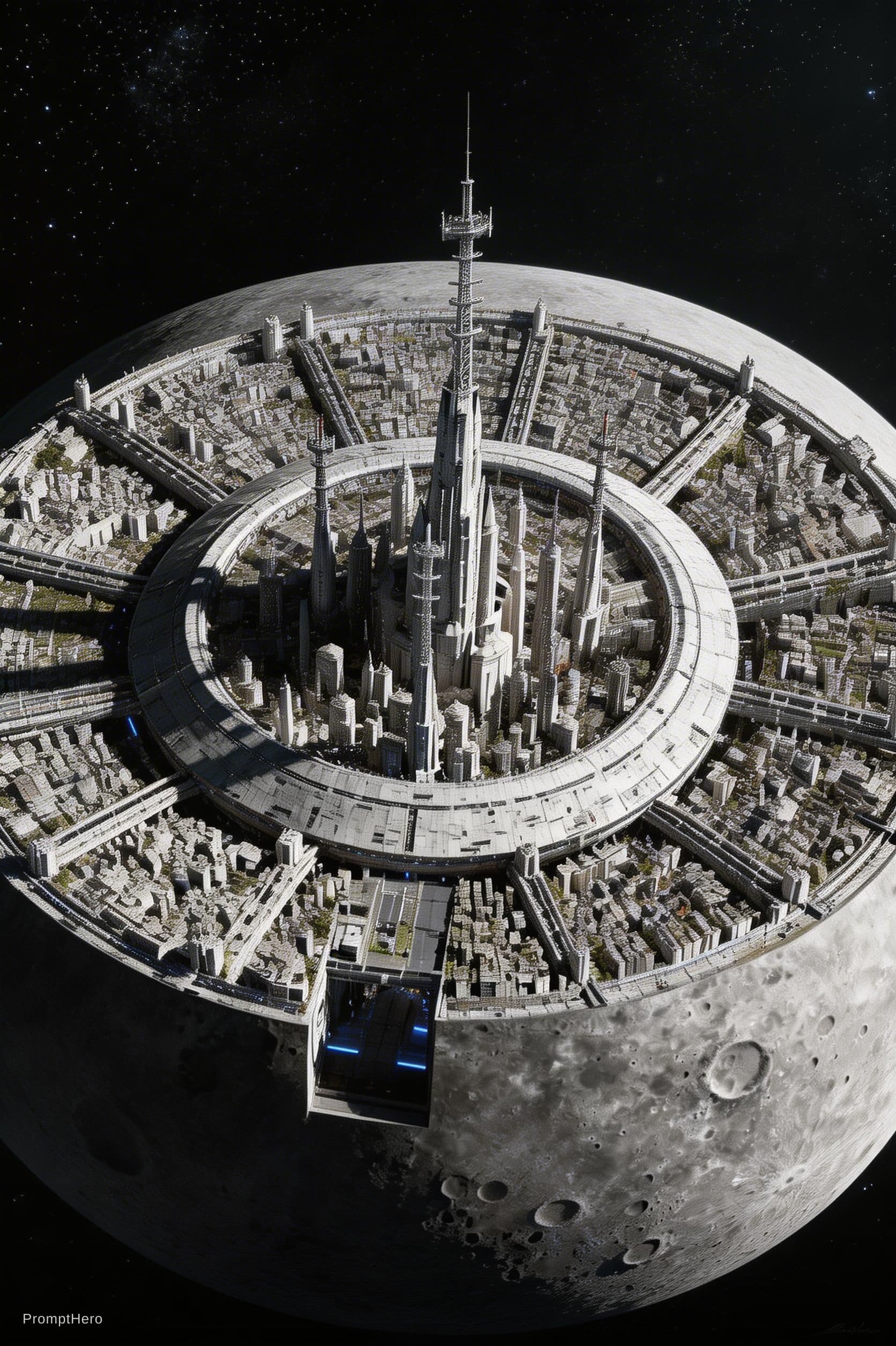 AI generated: Take this Reference image. Remove the ships. Remove the Earth. Show the Moon base from its top point...