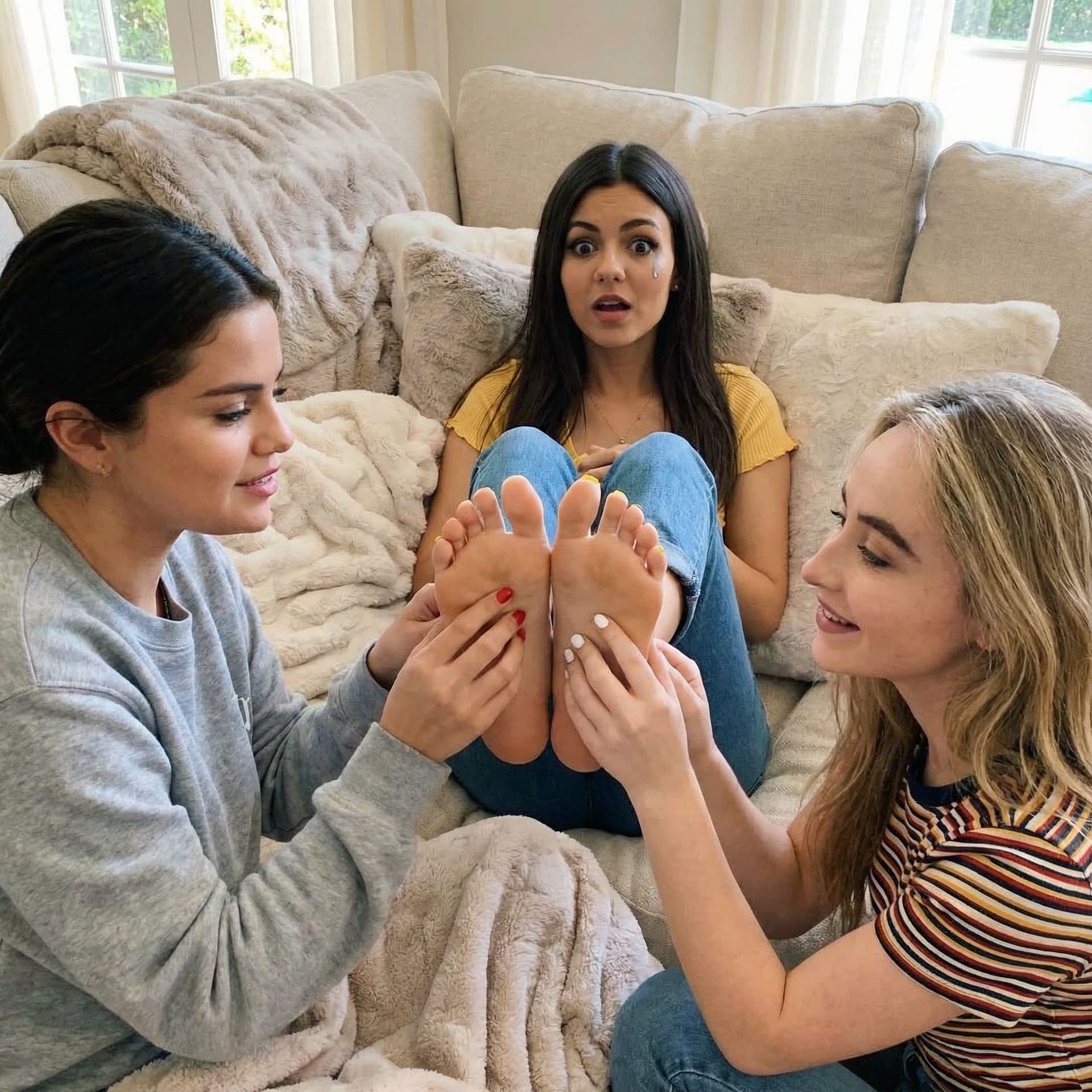AI generated: i want a picture where selena gomez and sabrina carpenter tickling victoria justice's feet!!!  sabri...