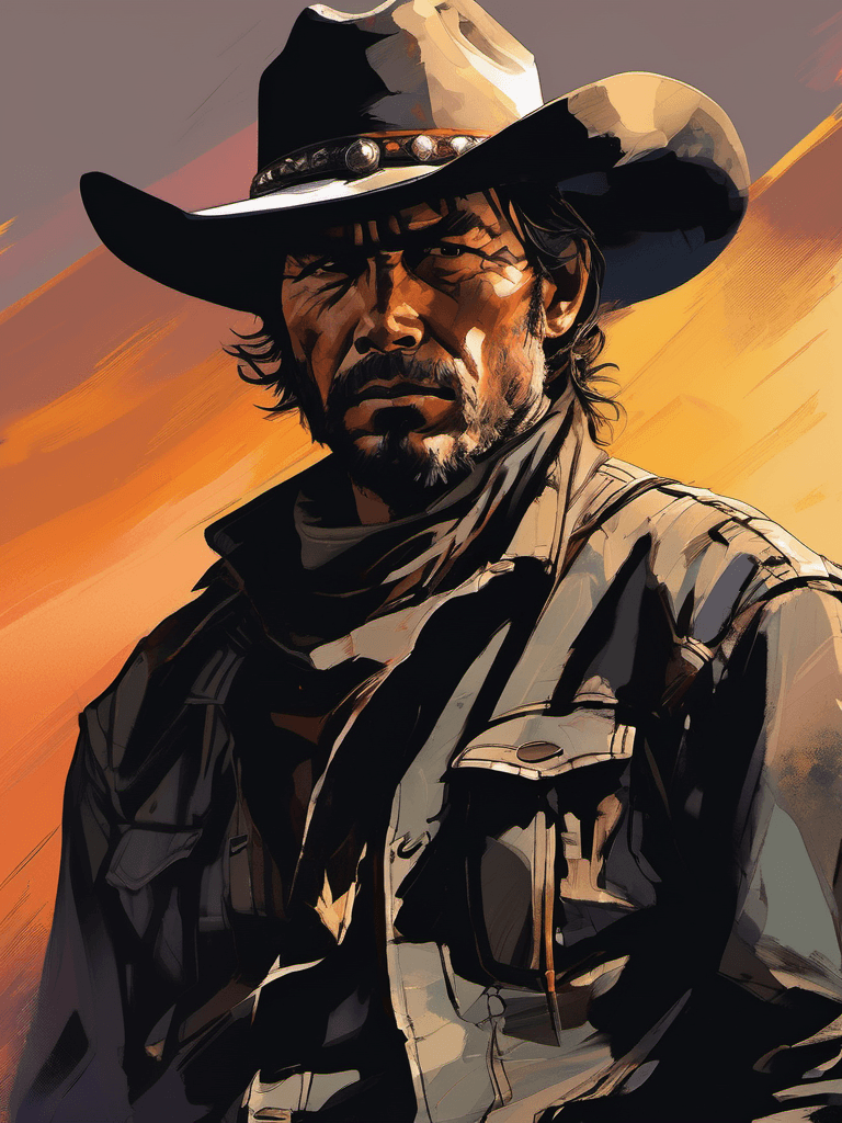 AI generated: a digital portrait of a cowboy, brutal, calm, desperate, western, art by Yoji Shinkawa and Dominik M...
