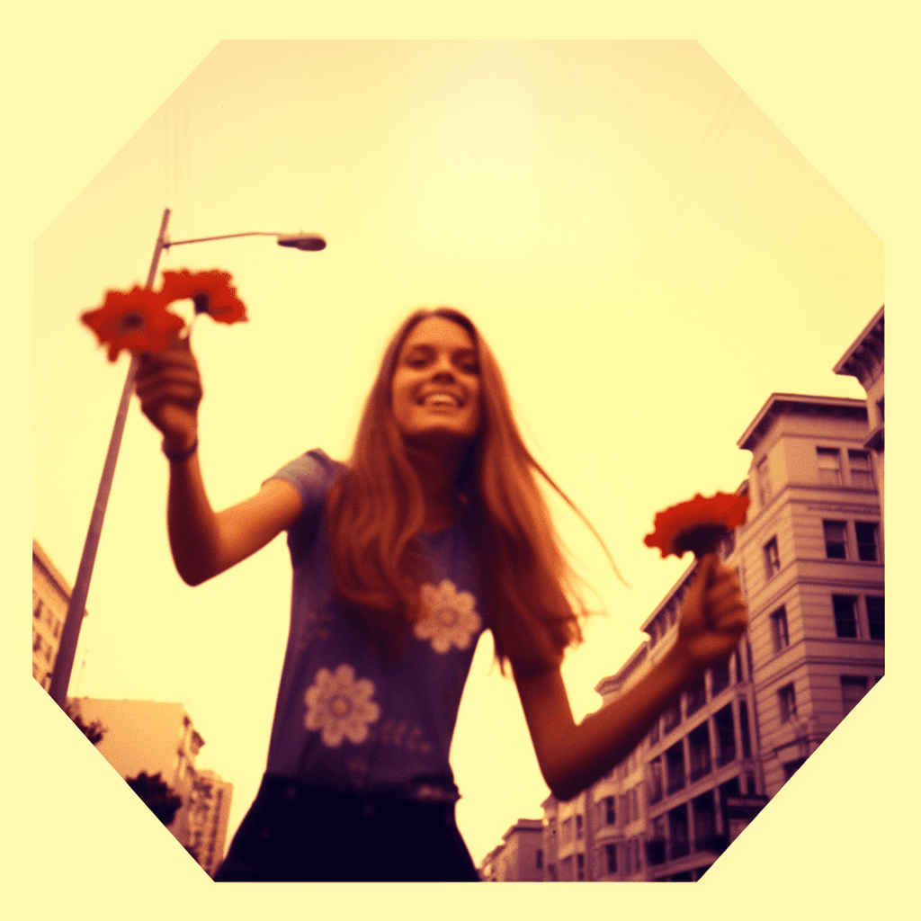 AI generated: polaroid photo of hippie girl in 1960s San Francisco tripping, extremely detailed, sunshine, flowers...