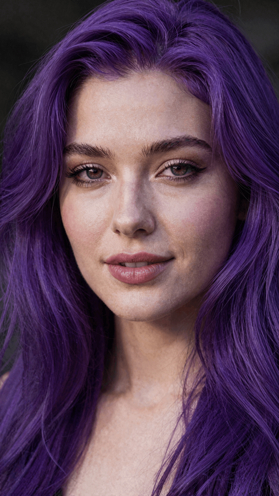 AI generated: A stunning woman with vibrant purple hair that cascades naturally around her face, her skin flawless...