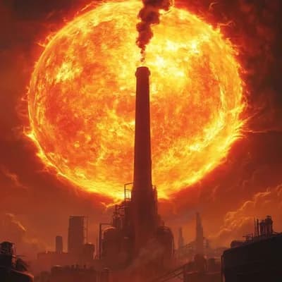 AI generated video: A giant smoke stack bellows smoke as a sun with fire erupting on the surface, sets behind it 