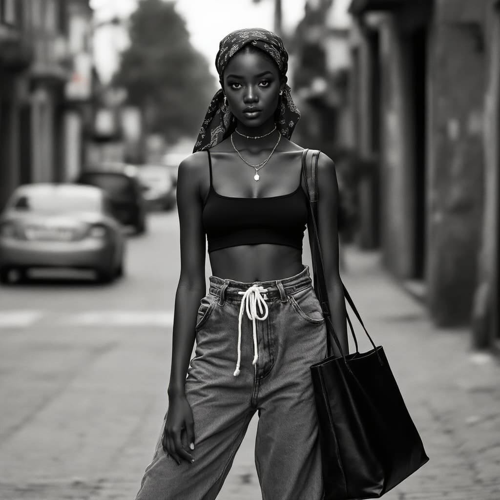 AI generated: black and white photography, Y2K Street Fashion full body photo of a 24 year old Danish-Cree female ...