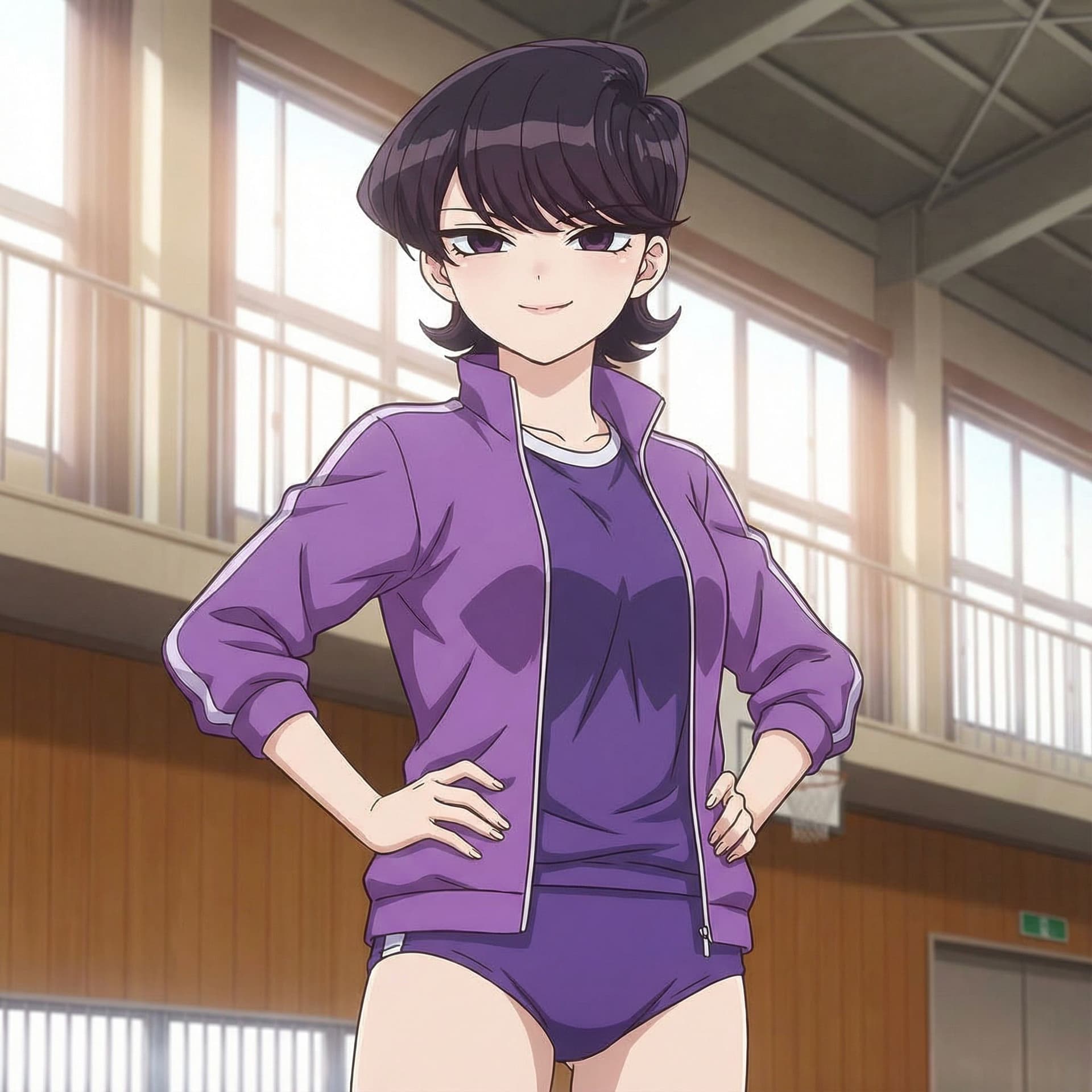 AI generated: an 18 year old anime woman wearing a purple buruma placing her hands on her hips while smirking at y...