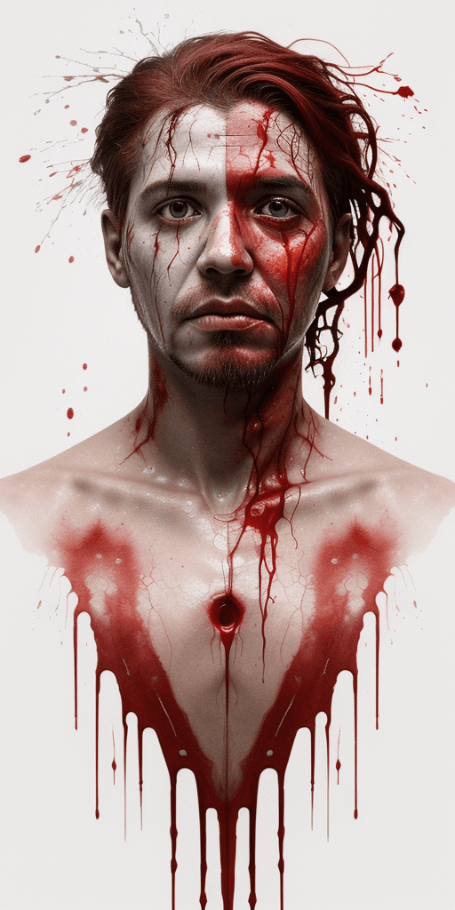 AI generated: A half body portrait of a battered and wounded ironman made of blood, half body is submerged in bloo...