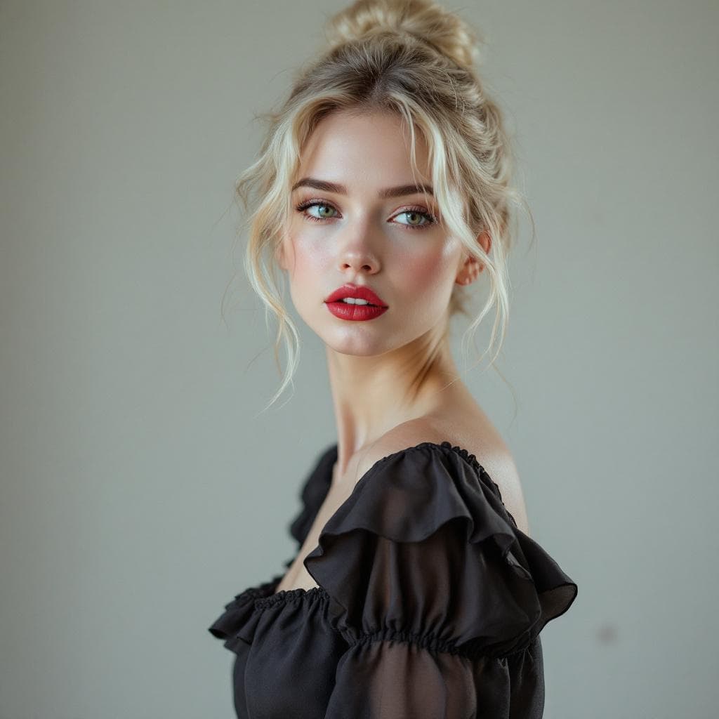 AI generated: A 20 years white beautiful girl red lips brown eyes she wear a modern dress