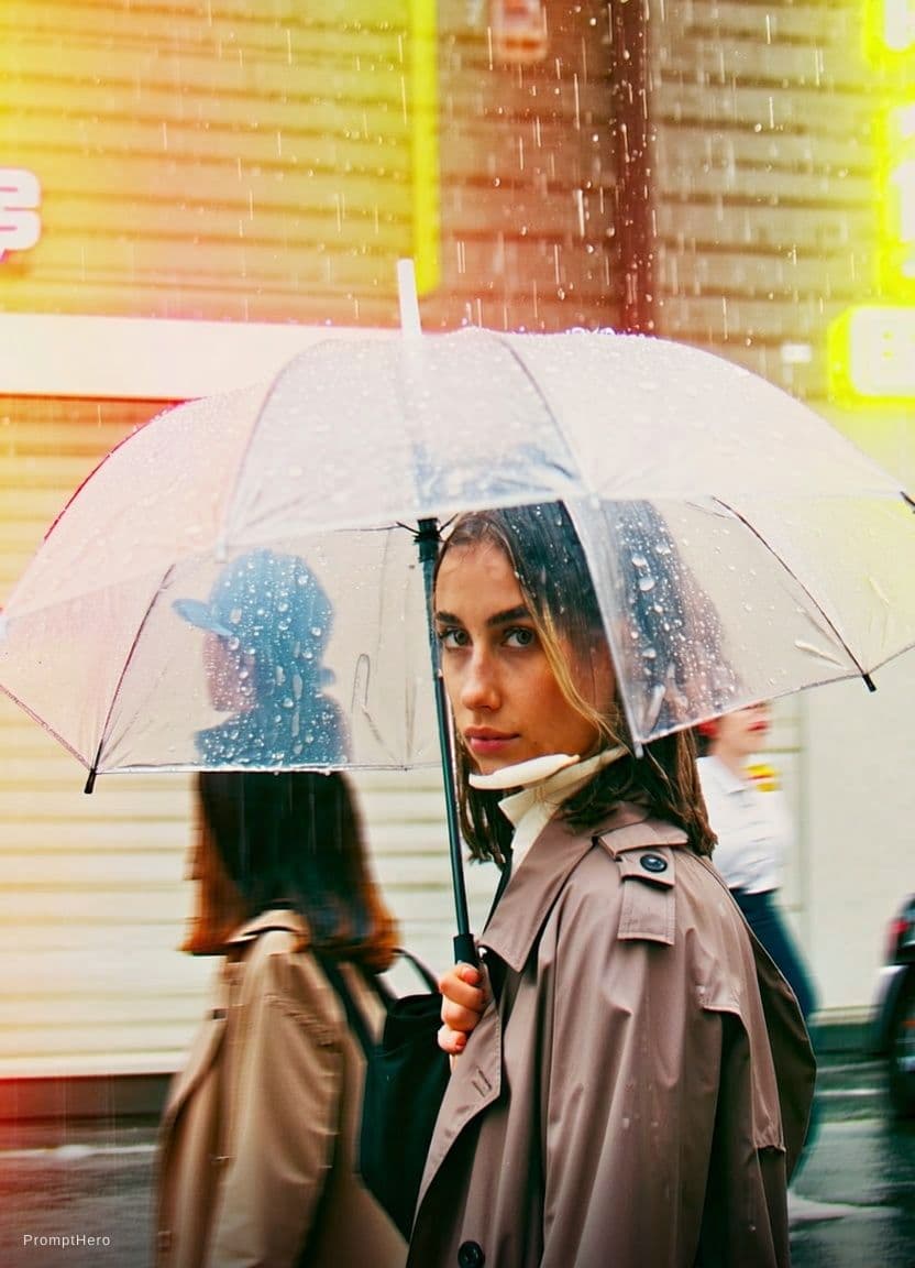 AI generated: A stylish young Caucasian ultra cutest woman in a modern pastel trench coat, crossing a rain-slicked...