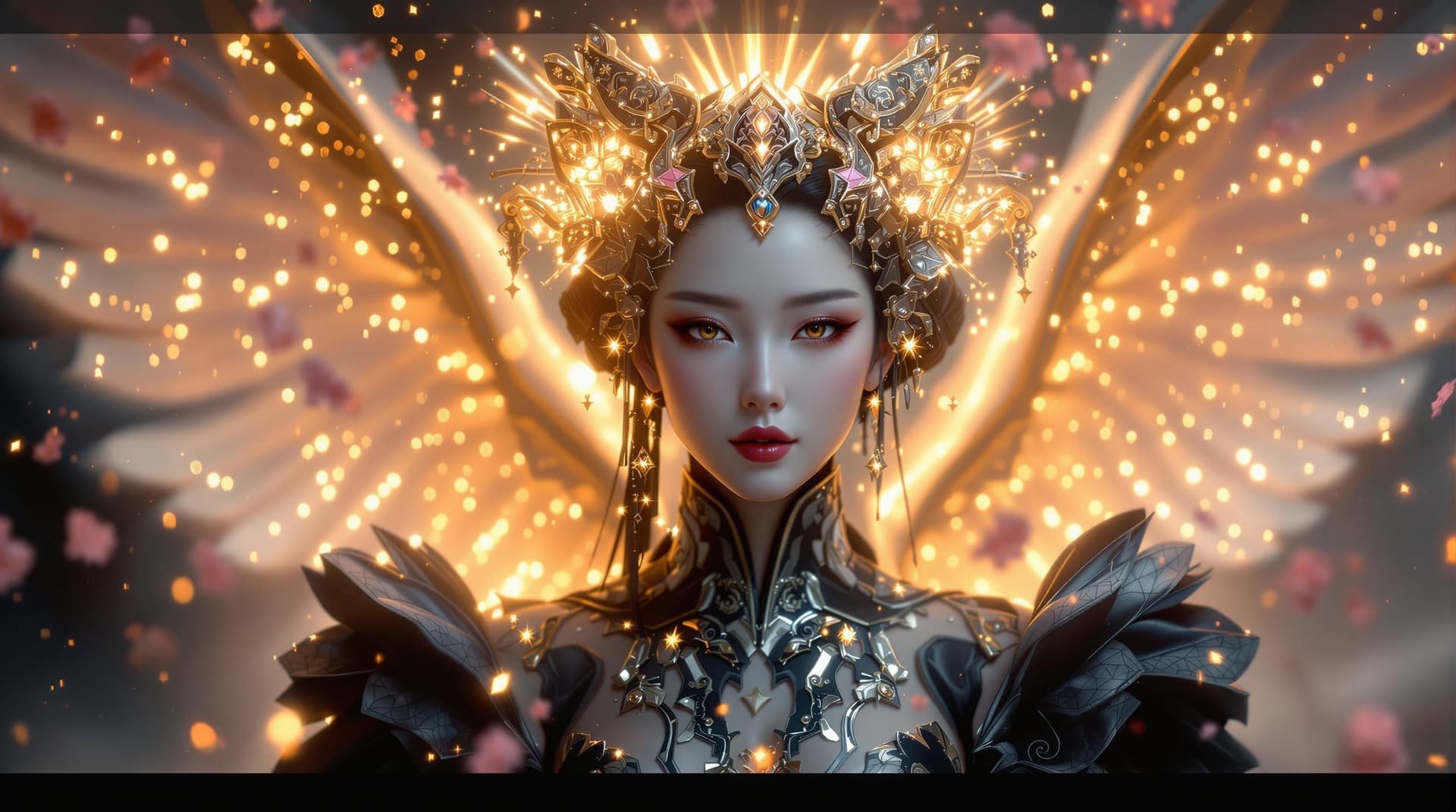 AI generated:  futuristic archangel character with a beautiful, delicate Japanese face, geisha-inspired features, ...