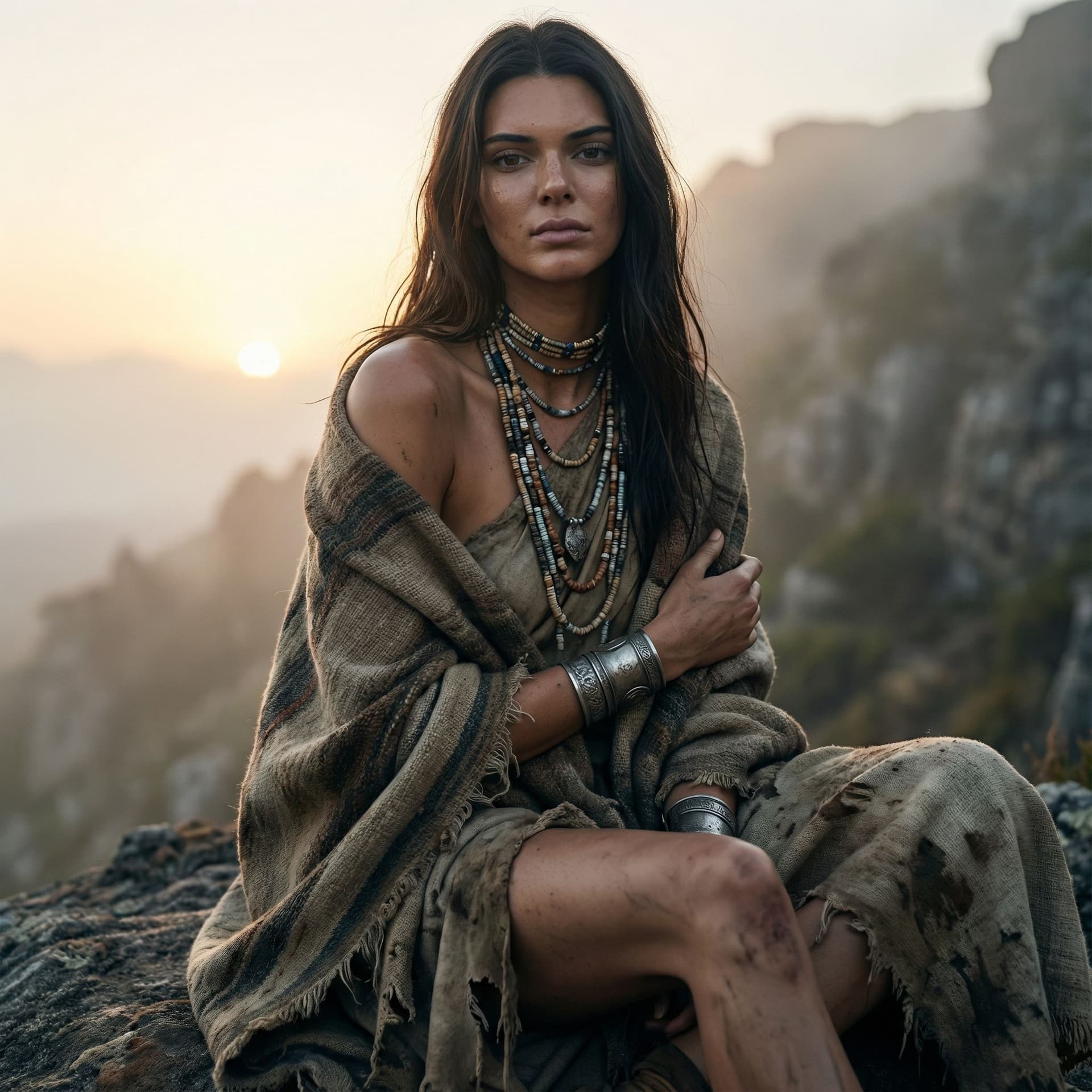 AI generated: (Fully exposed breast,exposed pubic hair, and leg) photo of ultra realistic Kendall jenner as Pocaho...