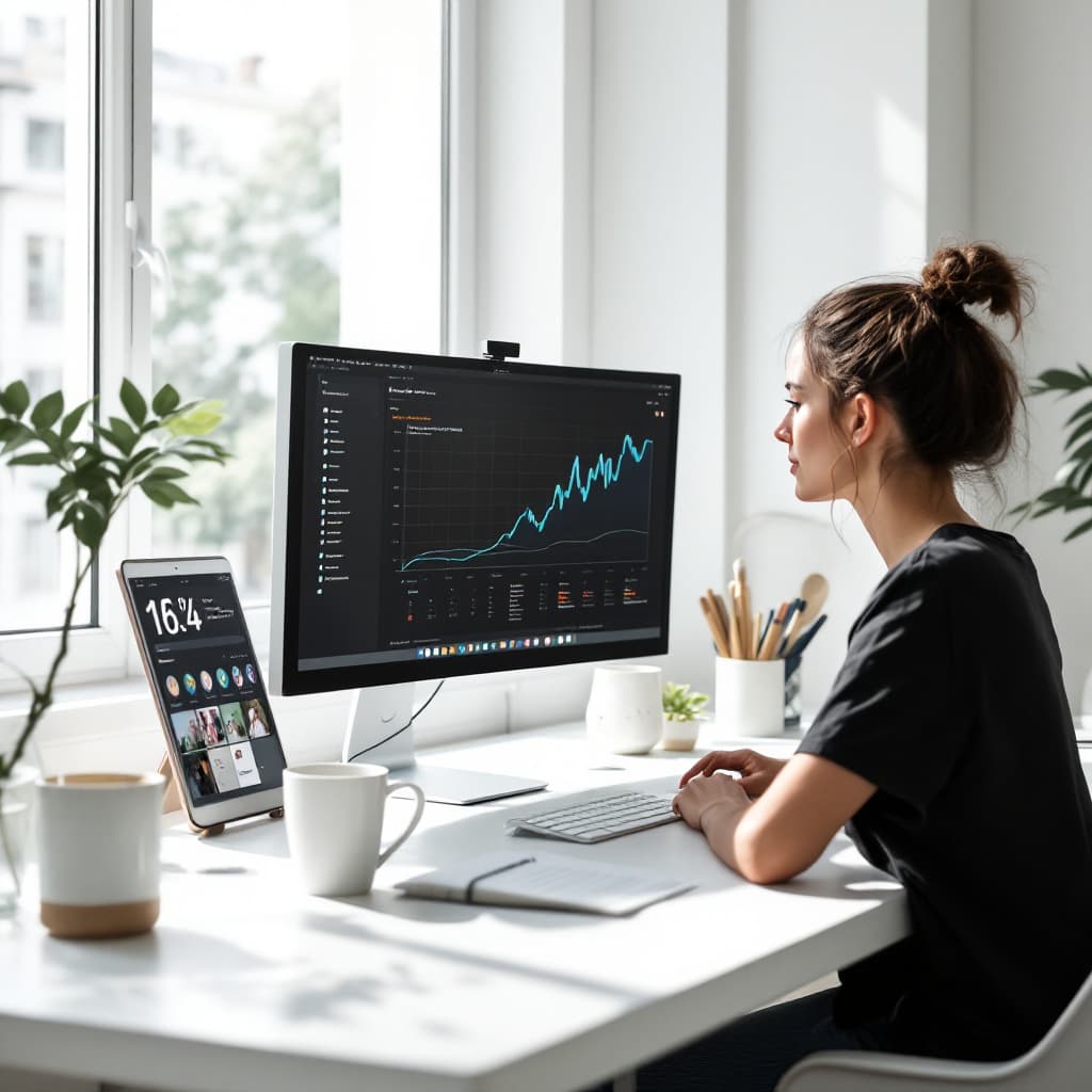 AI generated: minimalist workspace, focused designer woman at a white desk, high resolution photograph, used camer...