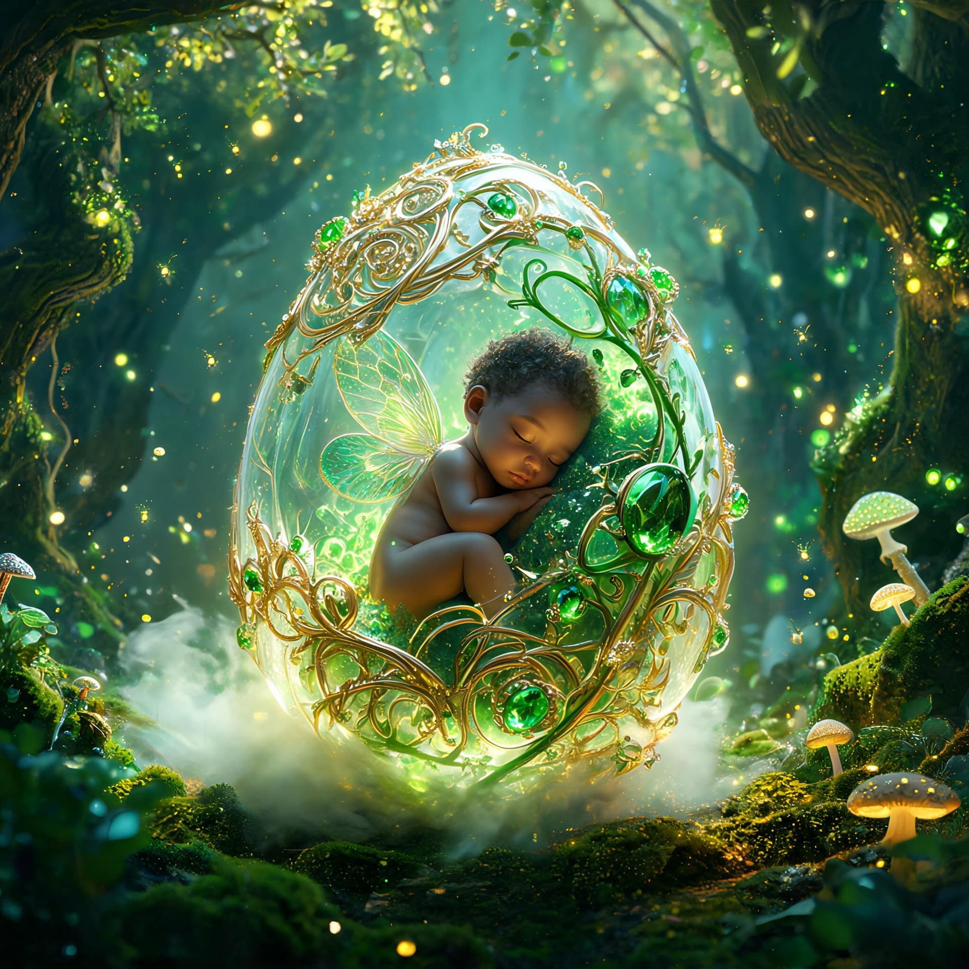 AI generated: A magical fairy forest glowing with soft bioluminescent light, filled with towering ancient trees, d...