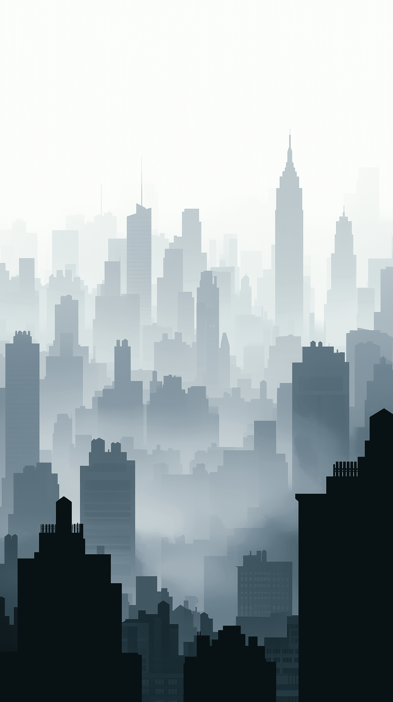 AI generated: illustration, atmospheric image of a cityscape enveloped in fog, the city varied architecture, inclu...