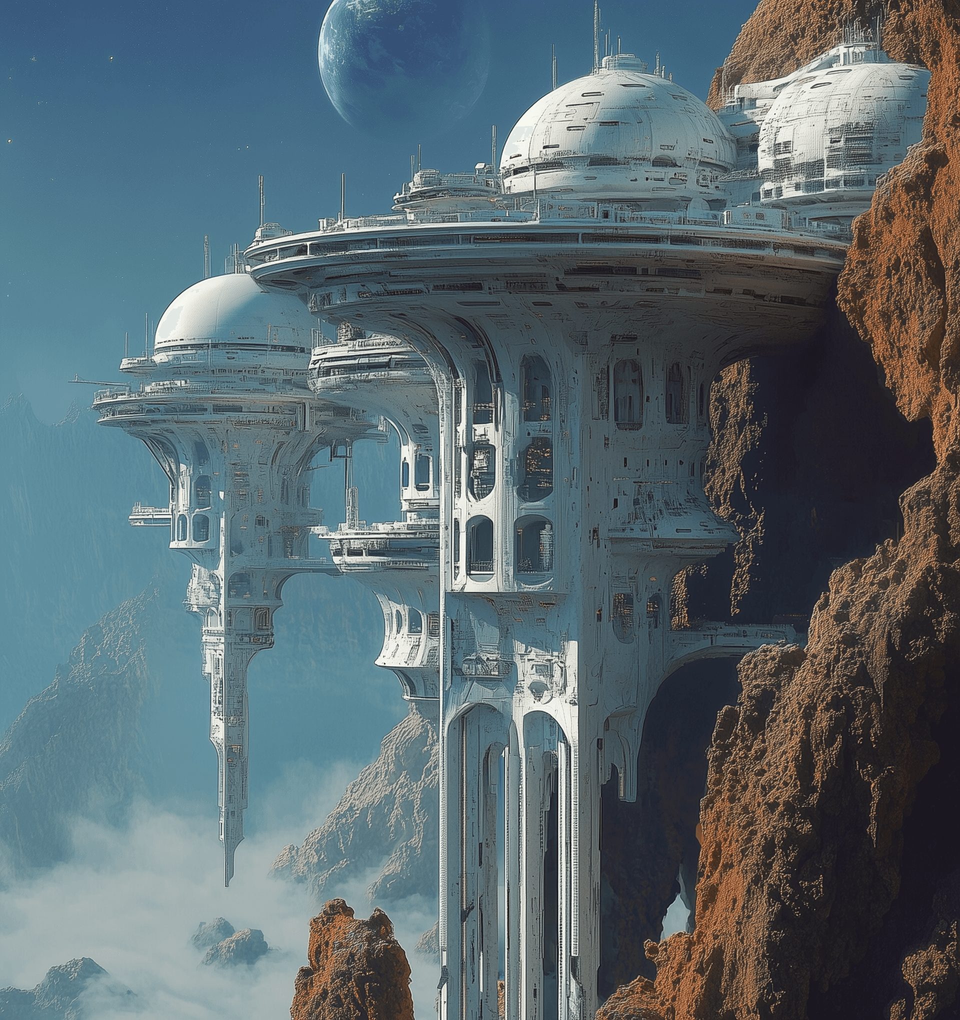AI generated: Futuristic space station, in the style of Gerald Brom and Roger Dean, space opera concept art --ar 5...