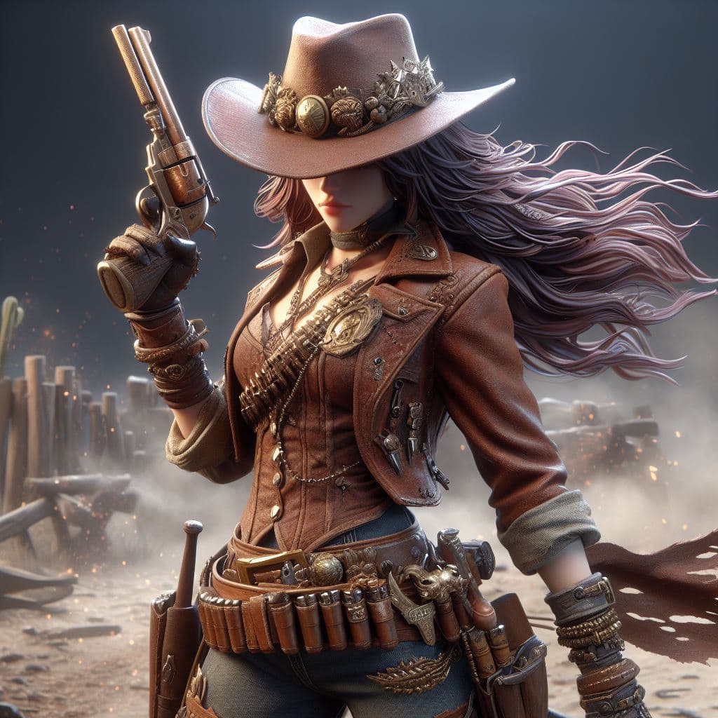 AI generated: an ultra-realistic 3D rendering of cowgirl Miss Fortune from League of Legends, featuring detailed W...