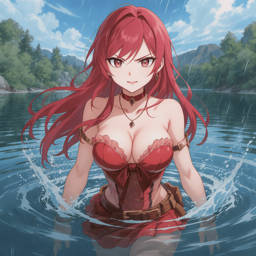 AI generated: creates an anime image of a woman emerging from a lake while looking arrogantly at the camera