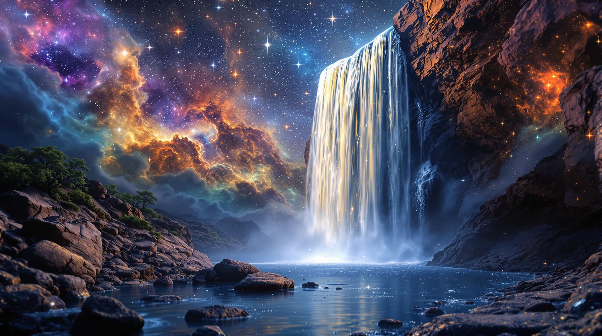 AI generated:    a waterfall landscape   in a close up view, made with nebulas the gaz,stars ,stars cluster and du...
