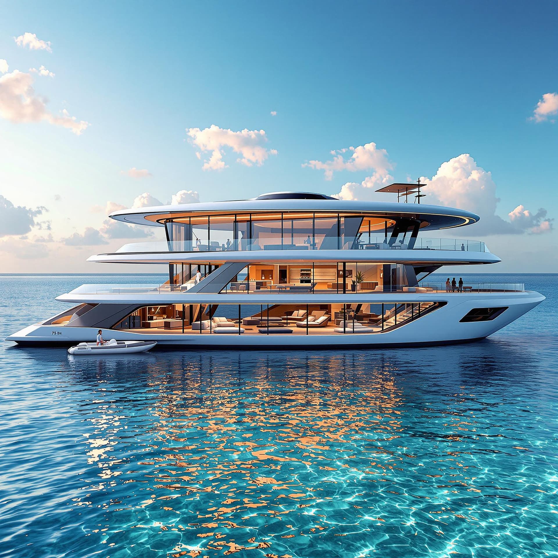 AI generated: Create a futuristic 75-foot power catamaran design with large open windows showcasing a luxurious in...