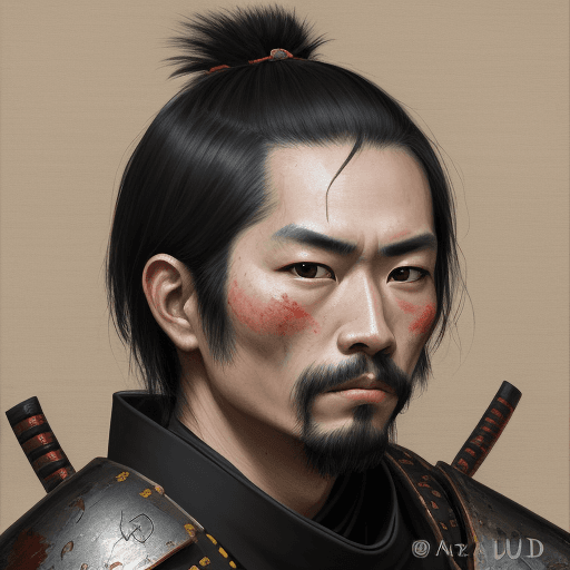 AI generated: portrait, samurai warrior, oil painting, grainy paint, empty eye, avant-garde minimalist drawing, lo...