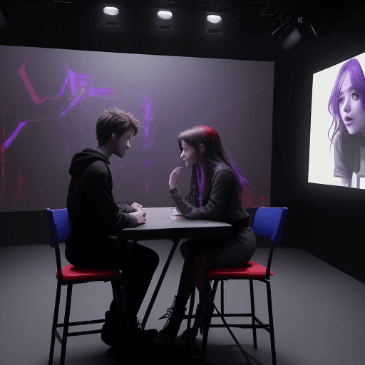 AI generated: A girl and a guy are sitting, there is a red button on the table,they are in the video studio,the ma...