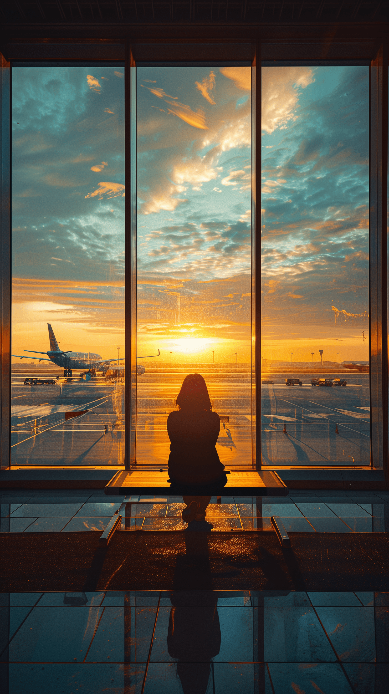 AI generated: serene moment during golden hour, focusing on a solitary figure sitting on an airport bench, backgro...