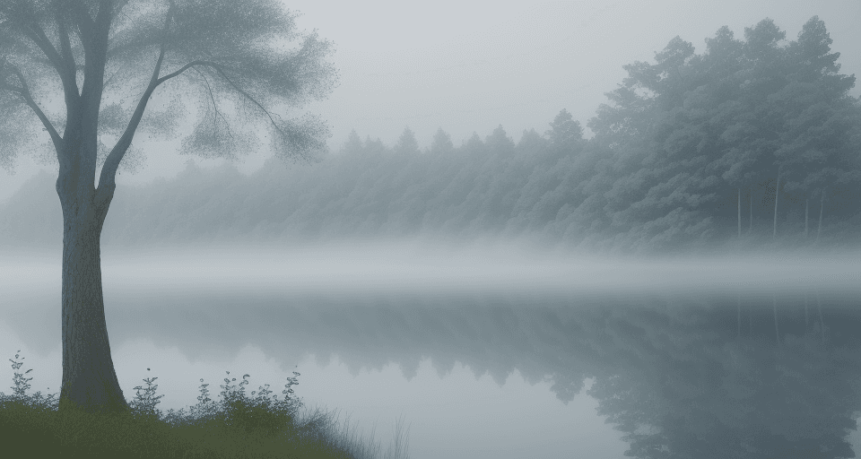 AI generated: foggy lake with tree and greens around it, blue tint, cold, photo realistic